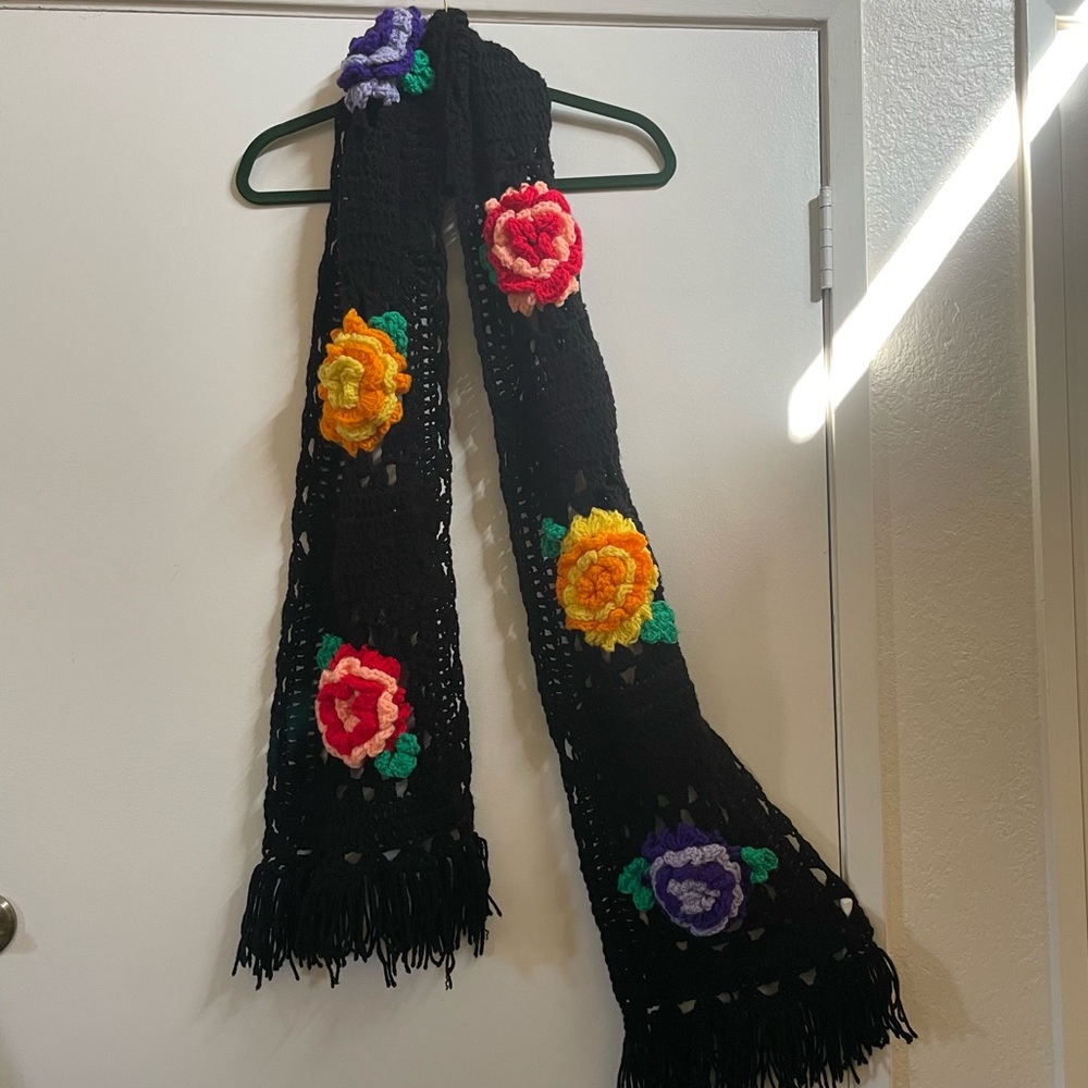 Floral Crochet Black Scarf